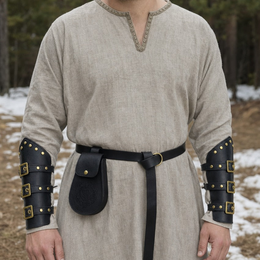 Viking belt, pouch and bracers set on a wearer, showing the pouch size at the hip