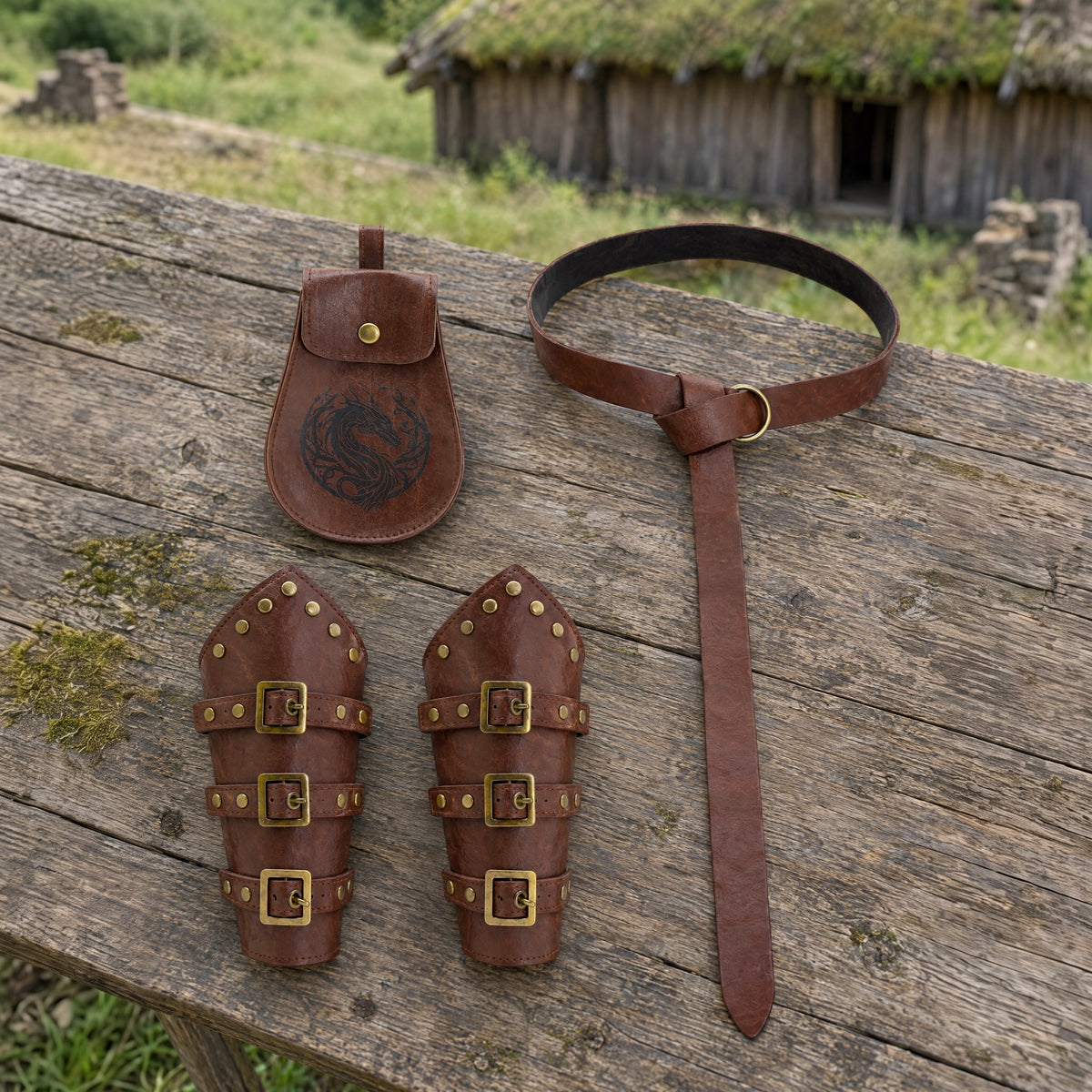 Brown Viking belt, pouch and bracers set on a rustic surface