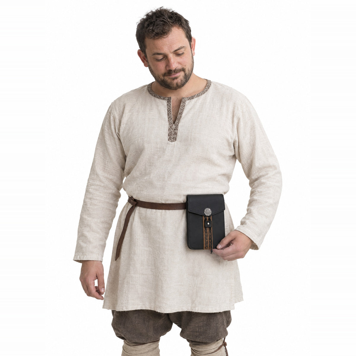 Black tall Viking belt pouch worn by a model on a white background