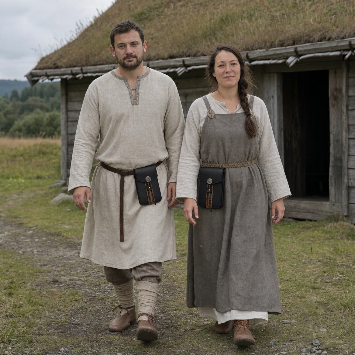 Tall Viking belt pouch styled on a belt with a tunic, trousers and boots