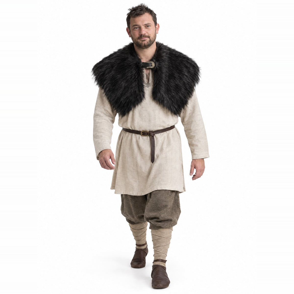 Black viking faux fur shoulder cape worn by a model on a white background