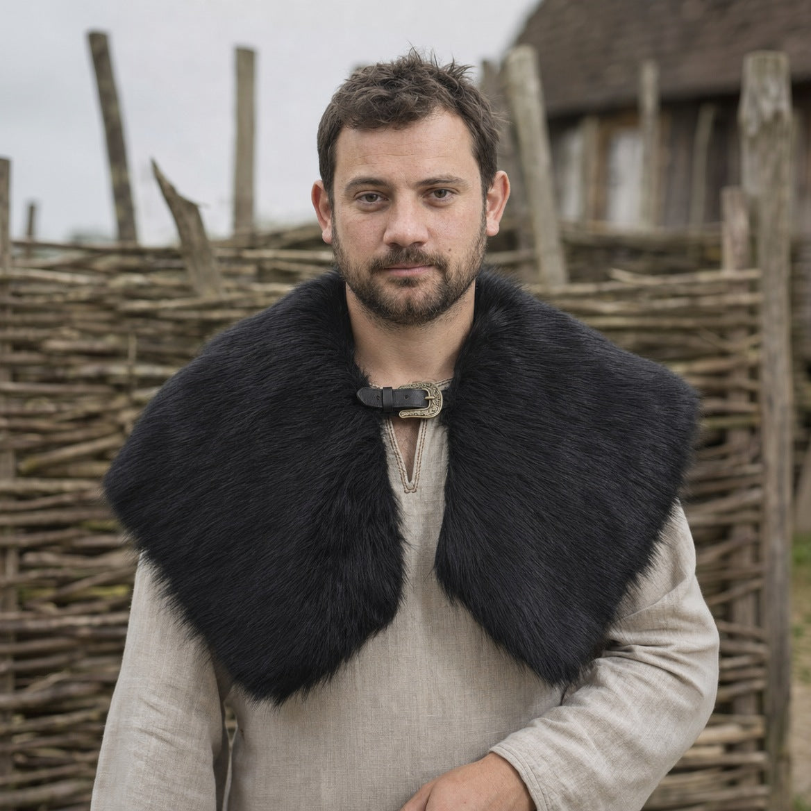 Faux fur shoulder cape on a wearer, showing how far it reaches over the shoulders