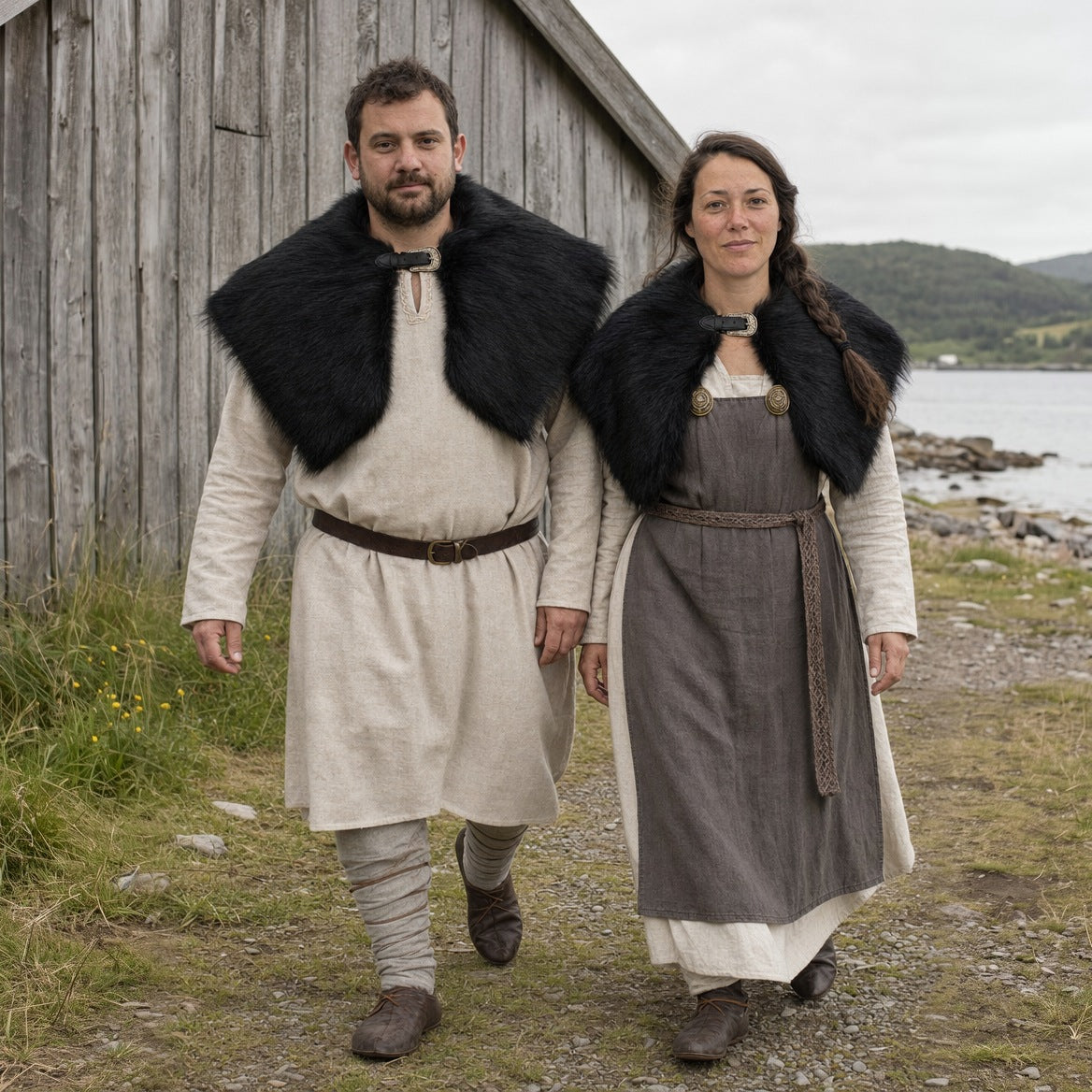 Faux fur shoulder cape styled with a Viking tunic and belt