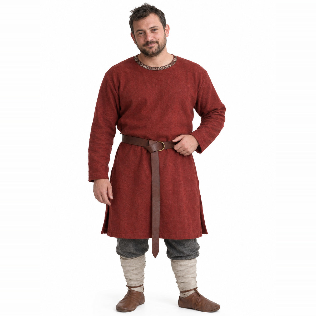 Brown Viking ring belt worn by a model on a white background