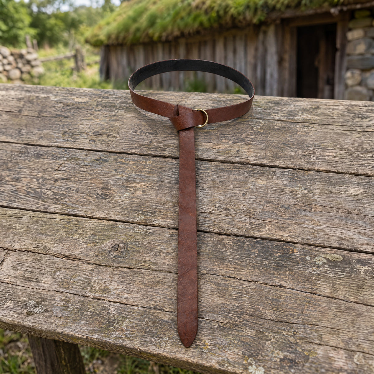 Brown Viking ring belt on a rustic surface