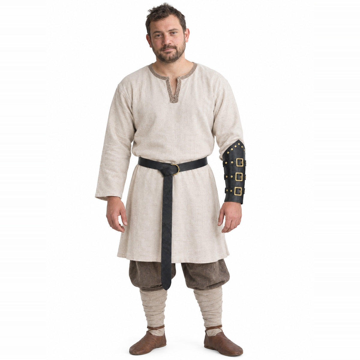 Black Viking ring belt with bracer worn by a model on a white background
