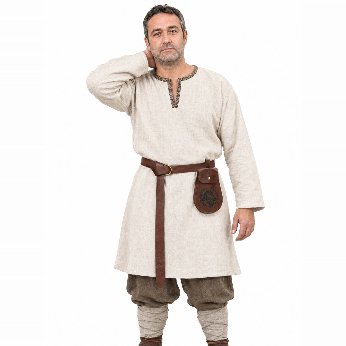 Brown Viking ring belt with pouch worn by a model on a white background