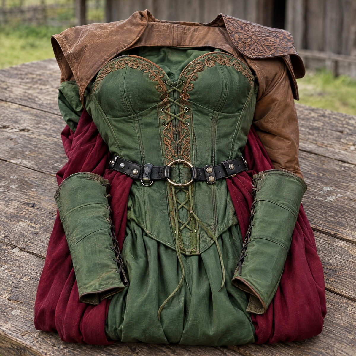 Green viking satin gown with laced bodice on a rustic surface