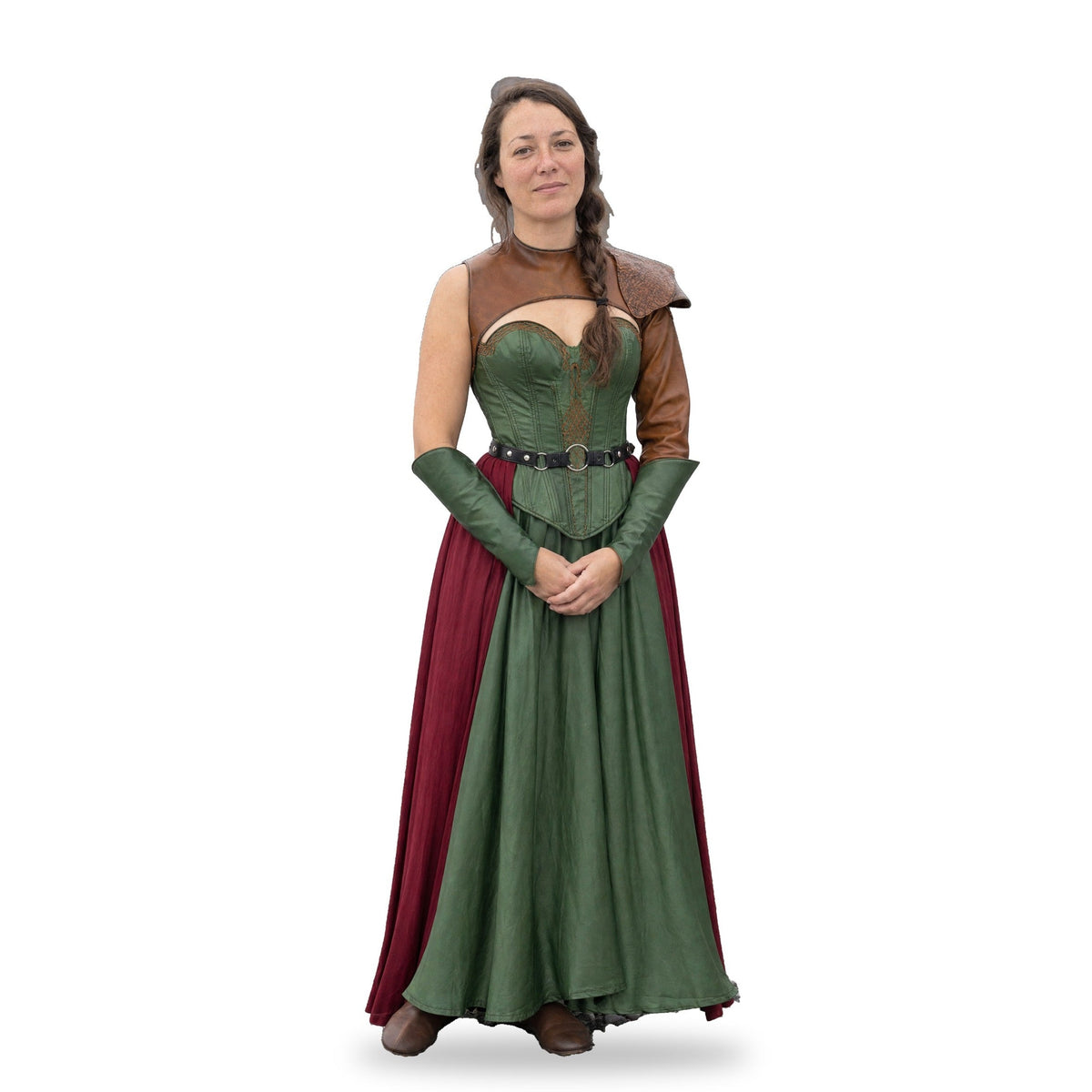 Green viking satin gown with laced bodice worn by a model on a white background