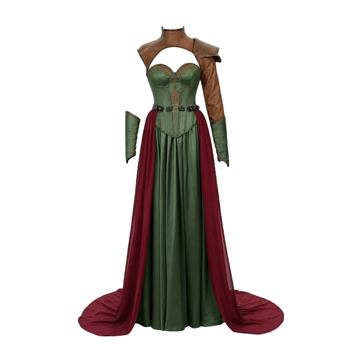 Green viking satin gown with laced bodice