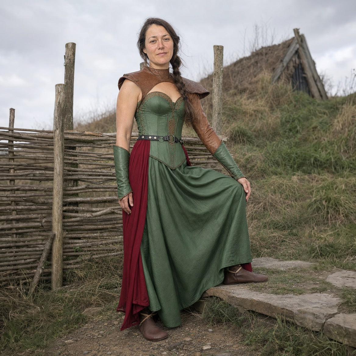 Green satin gown with laced bodice worn outdoors