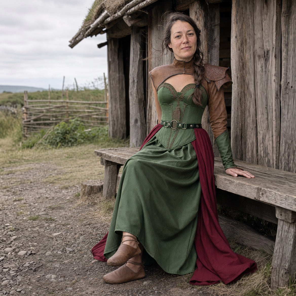 Satin gown styled with a shoulder cape and a wide belt