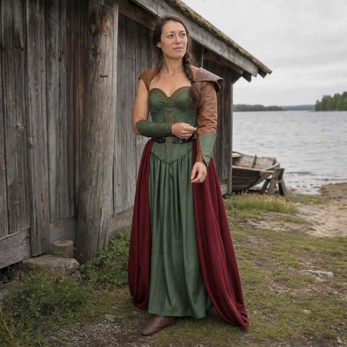 Green satin gown, three-quarter view of the laced bodice