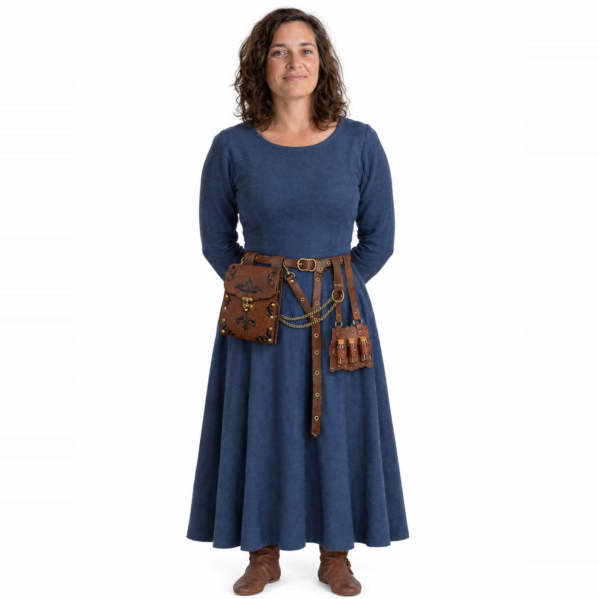Brown waist bag belt with three-vial holder worn by a model on a white background