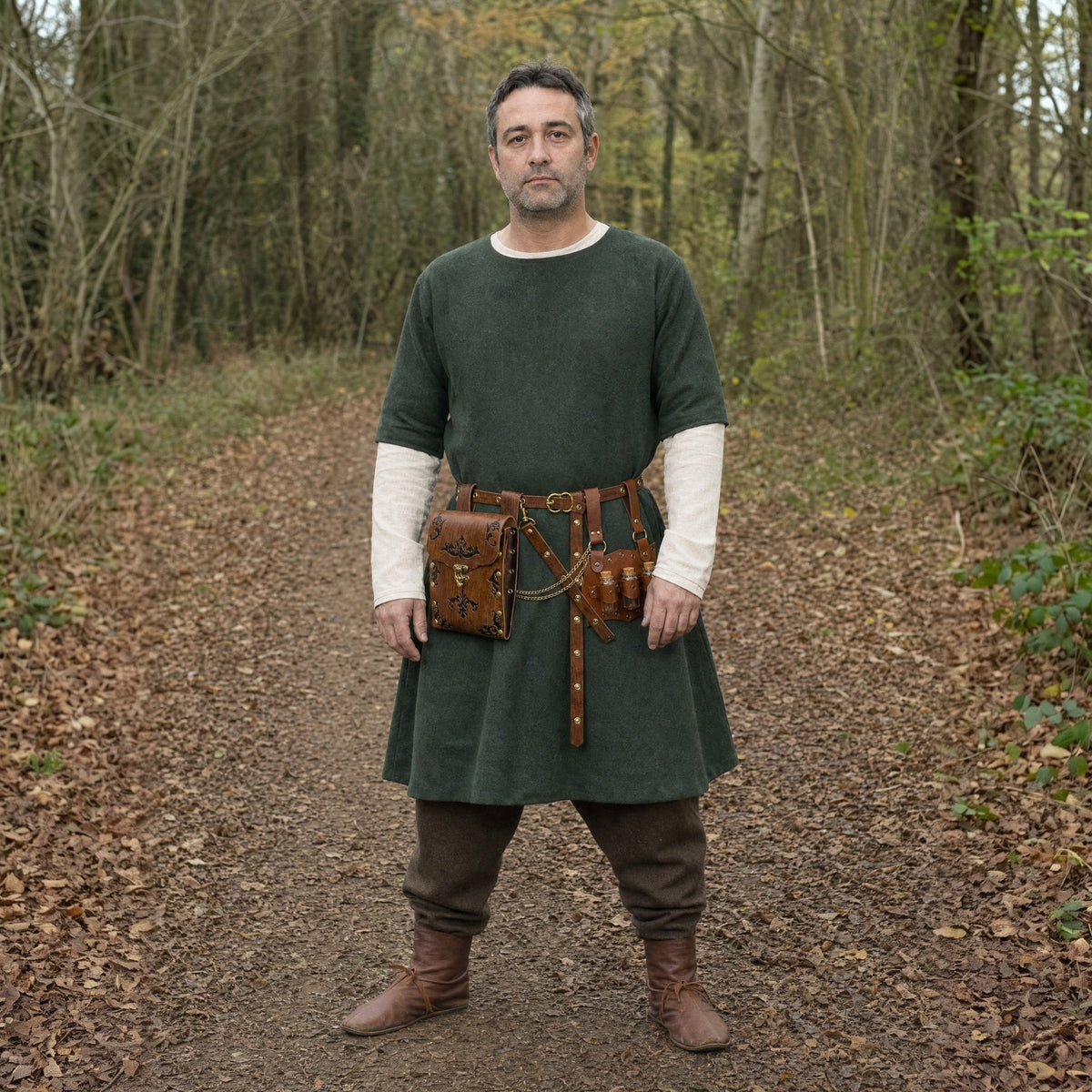 Brown waist bag belt with three-vial holder worn outdoors, full-length front view