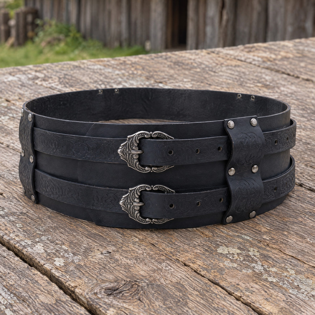 Black wide double-buckle Celtic belt on a rustic surface