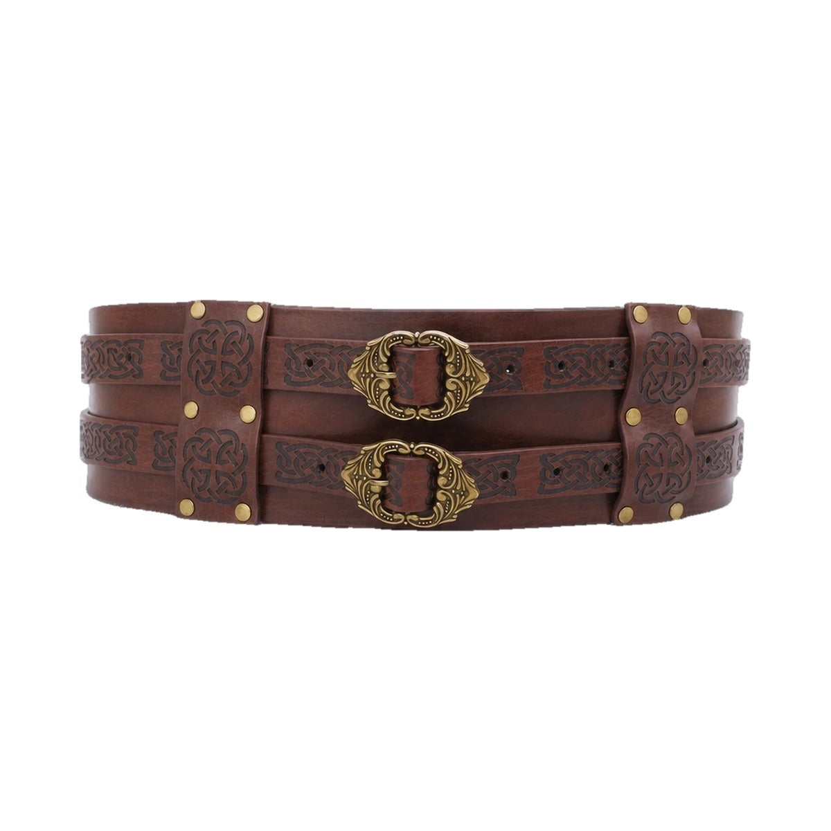 Brown wide double-buckle Celtic belt