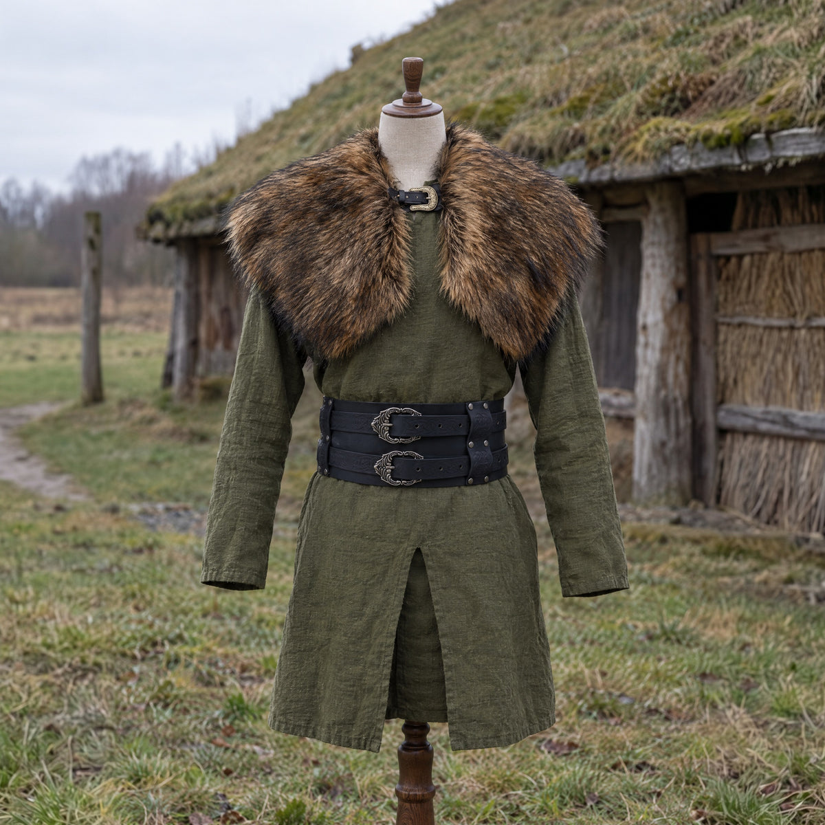 Wide double-buckle Celtic belt in a complete Viking outfit, on a dress form