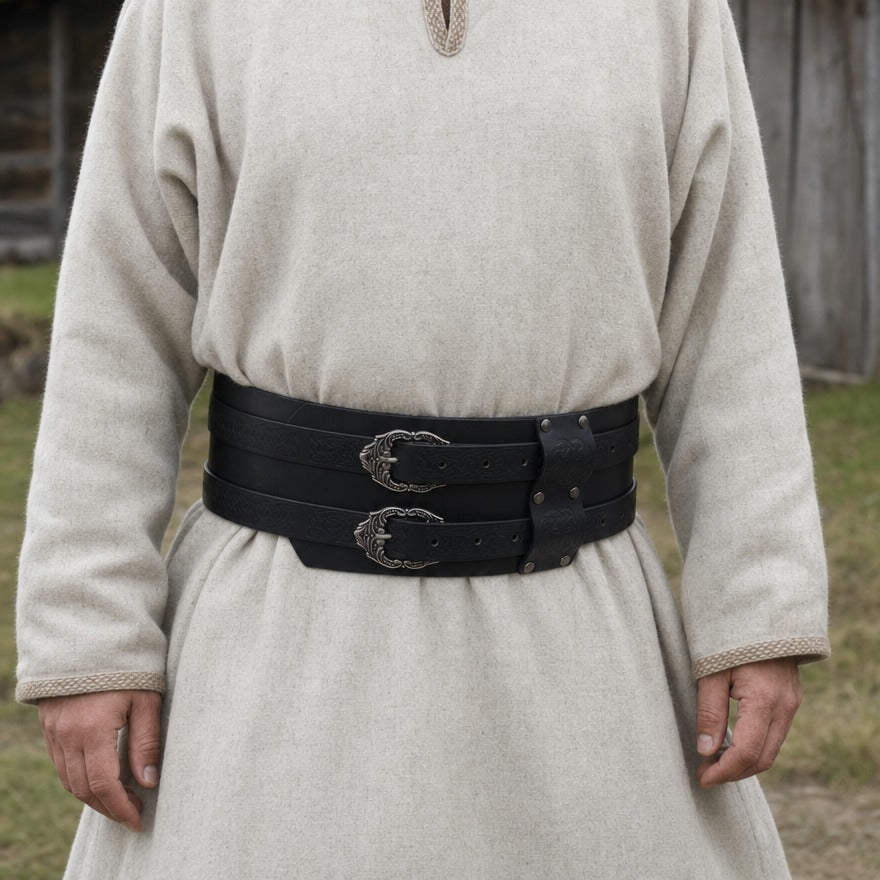 Wide double-buckle Celtic belt on a wearer, showing the 10 cm belt height at the waist