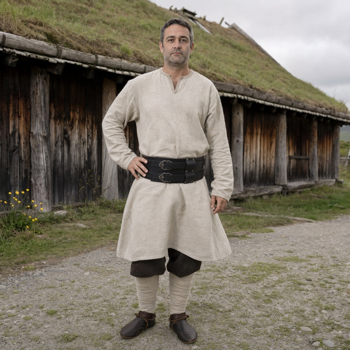 Black wide double-buckle Celtic belt worn with a linen tunic outdoors