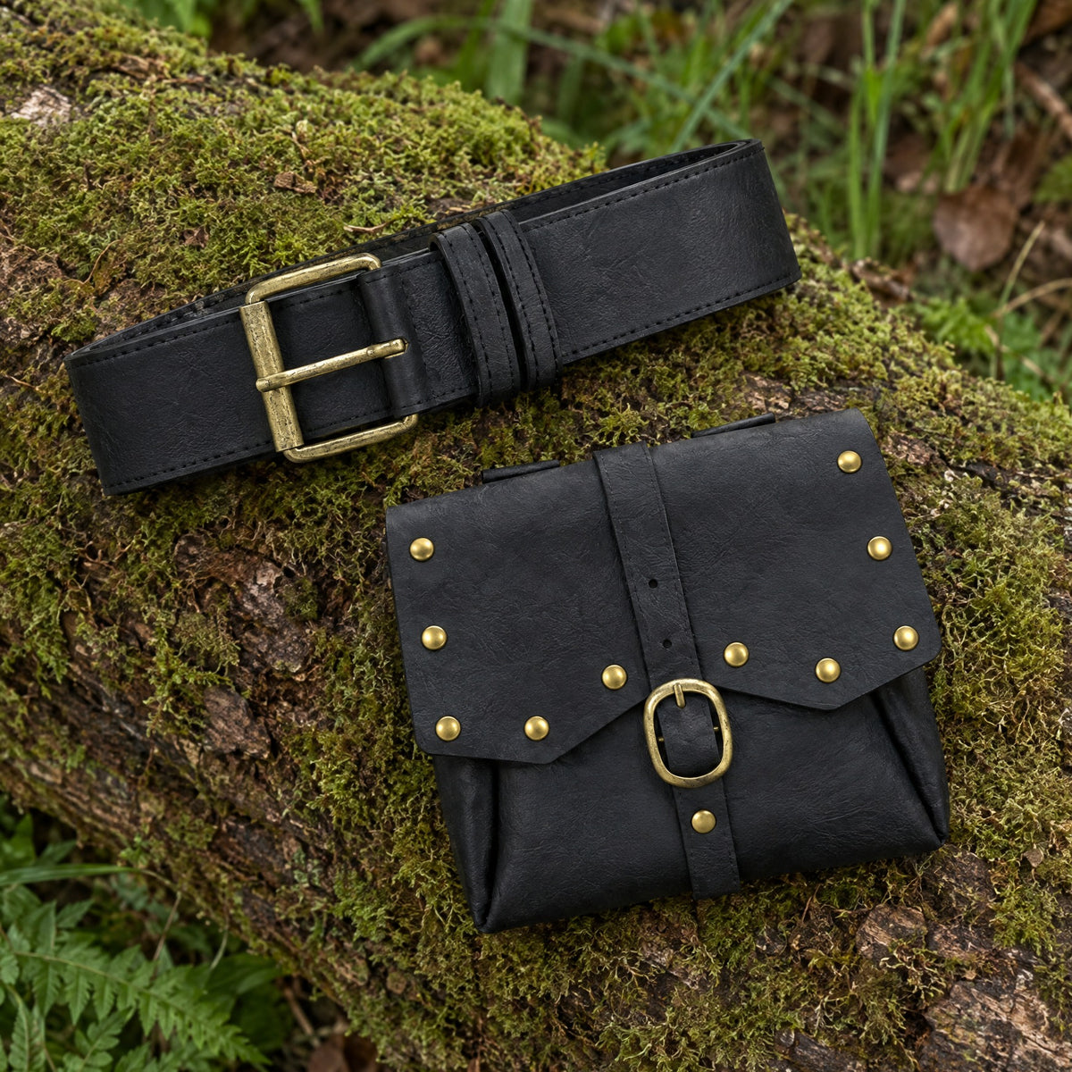 Black wide faux leather belt pouch on a rustic surface
