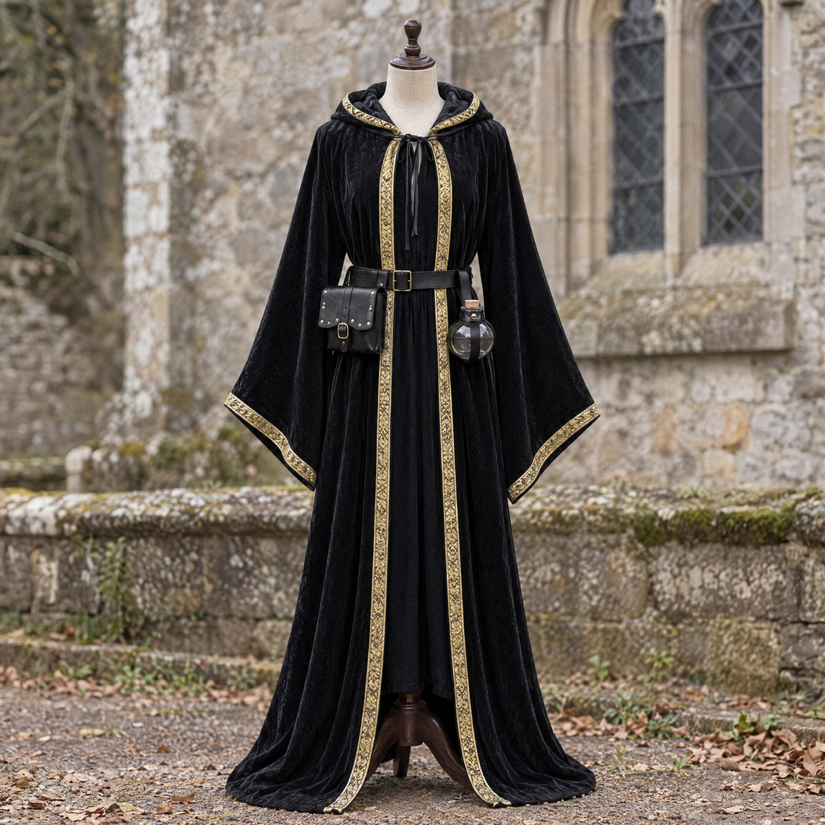 Wide faux leather belt pouch in a complete gothic outfit, on a dress form