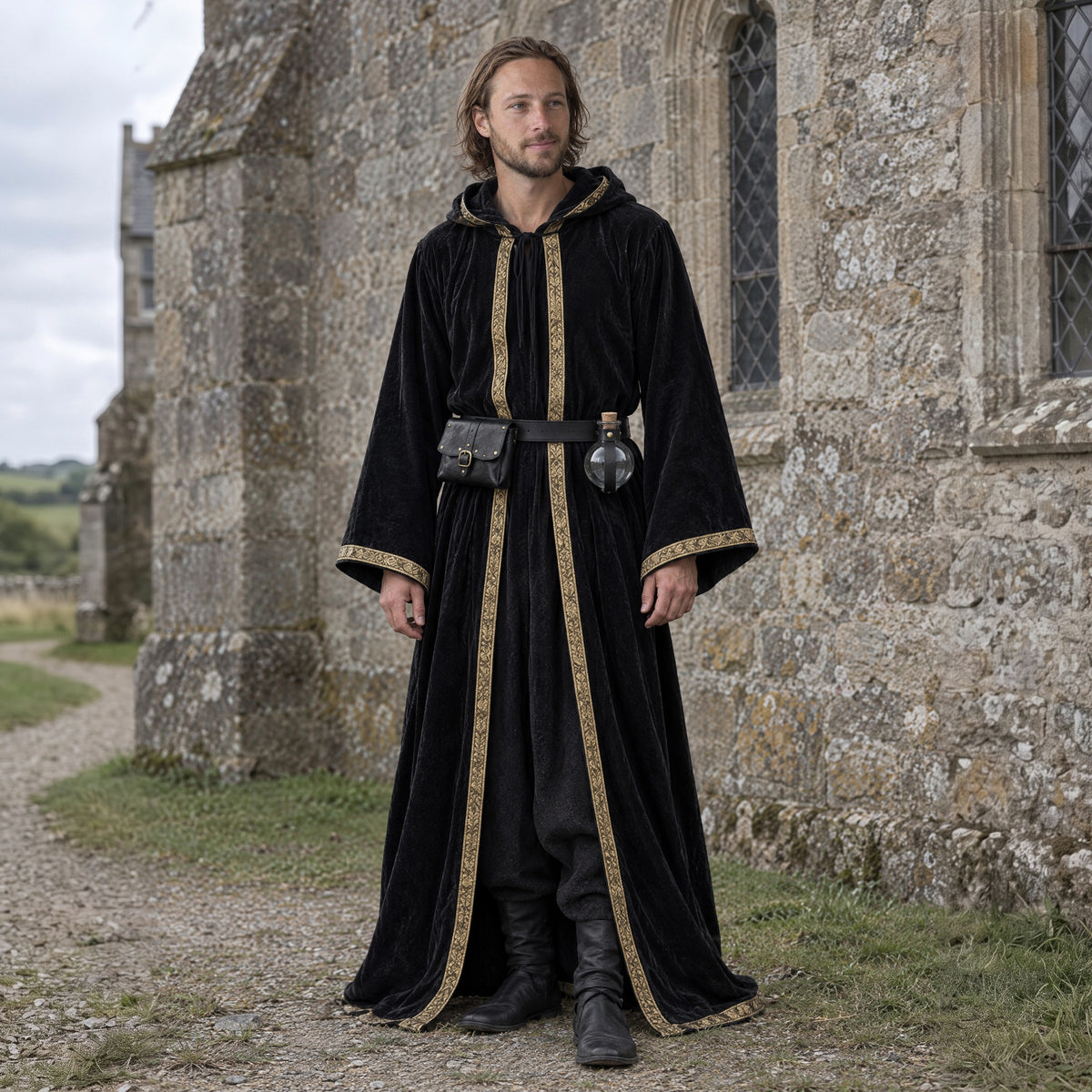 Wide faux leather belt pouch in a complete gothic outfit, worn by a man outdoors