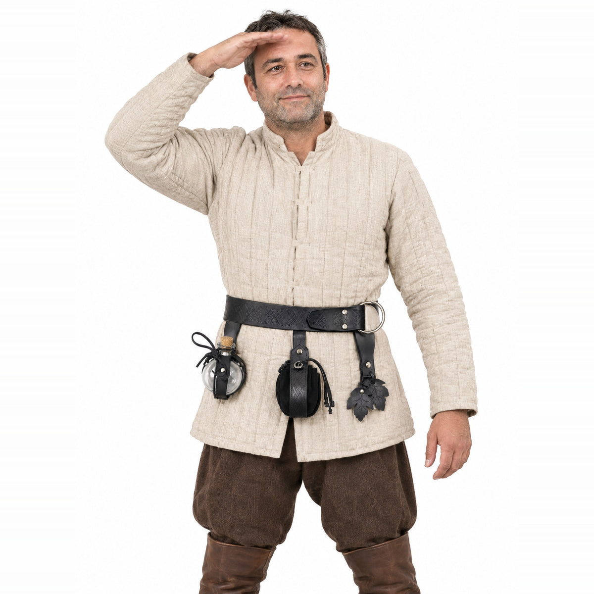 Black wide ring belt kit with maple leaf hanger worn by a model on a white background