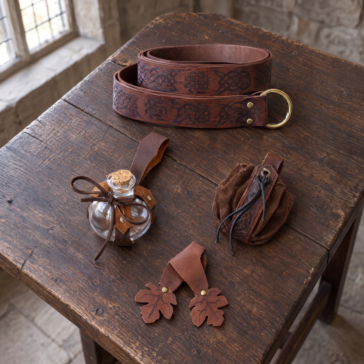 Brown wide ring belt kit with maple leaf hanger on a rustic surface