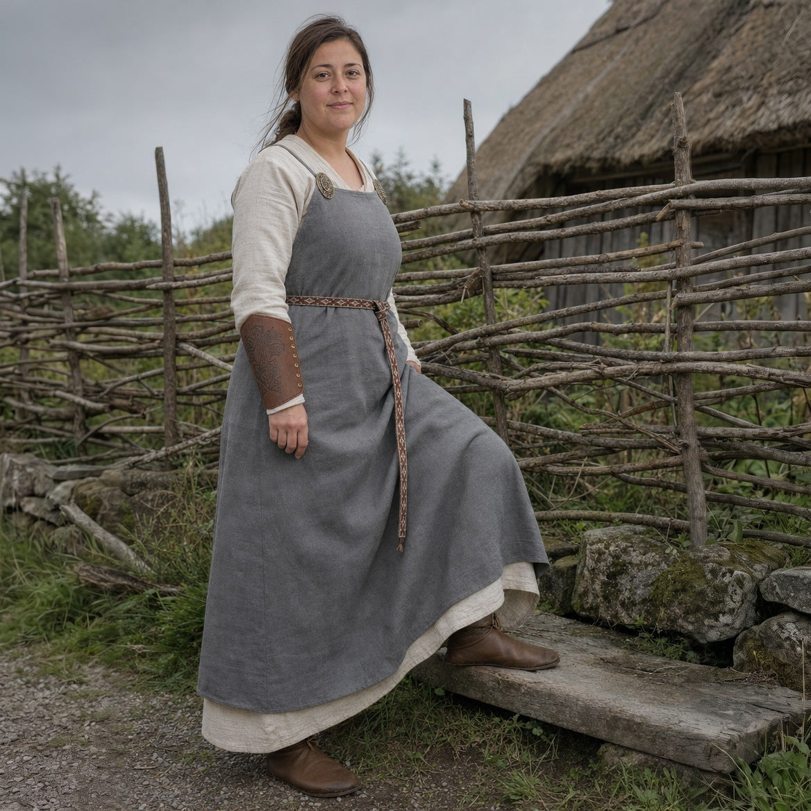 Light Brown wolf and hammer bracer worn outdoors